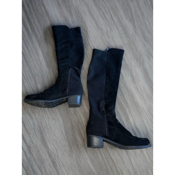 Black Suede Knee High Boots Size 8M Block Heel Riding Tall Zip Goth Twilight - Picture 5 of 13